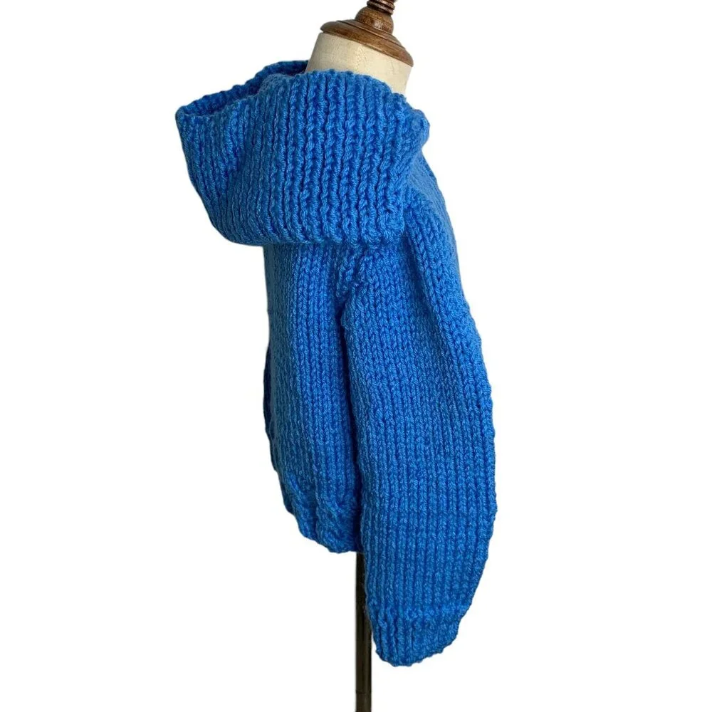 Vintage Handmade Toddler 4T Blue Cable Knit Hooded Cardigan Sweater Full Zipper